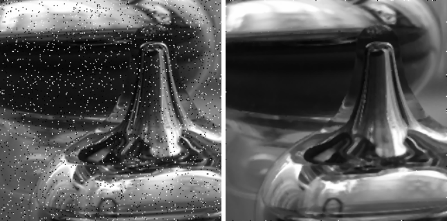 Dua gambar: gambar yang di kanan adalah hasil penerapan filter median dari gambar kiri yang berisi derau garam dan lada